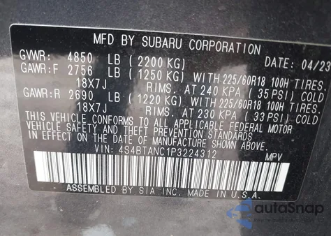 2023 Subaru Outback Limited из США, поврежденный, VIN 4S4BTANC1P3224312